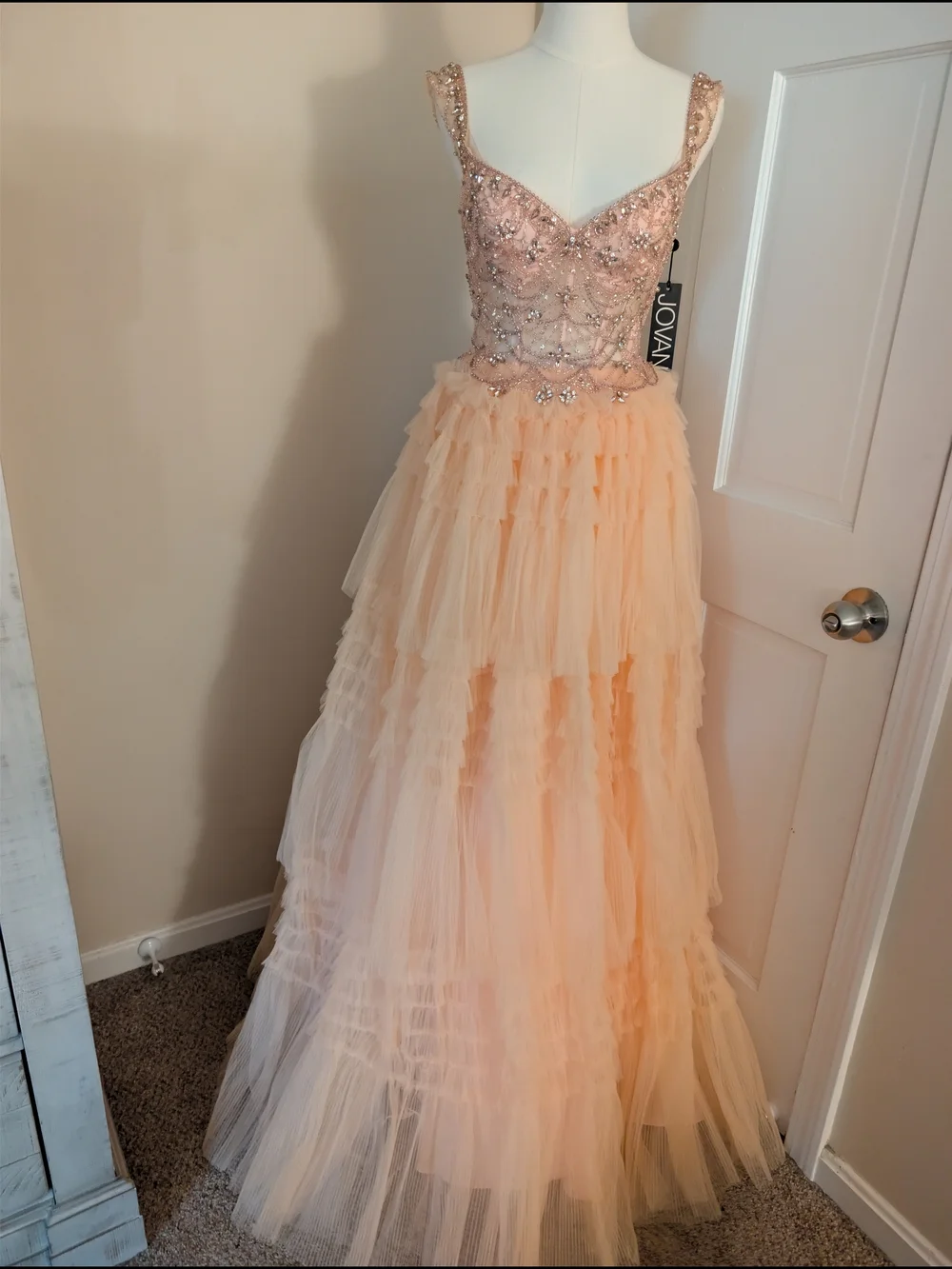Jovani Blush Pink/ Peach Beaded Corset Tulle Ruffled Ball Gown Prom Dress 0